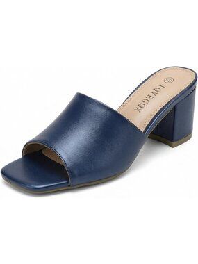 Women's Blue Pu Comfortable Square Open Toe Chunky Block Low Sandals Heels